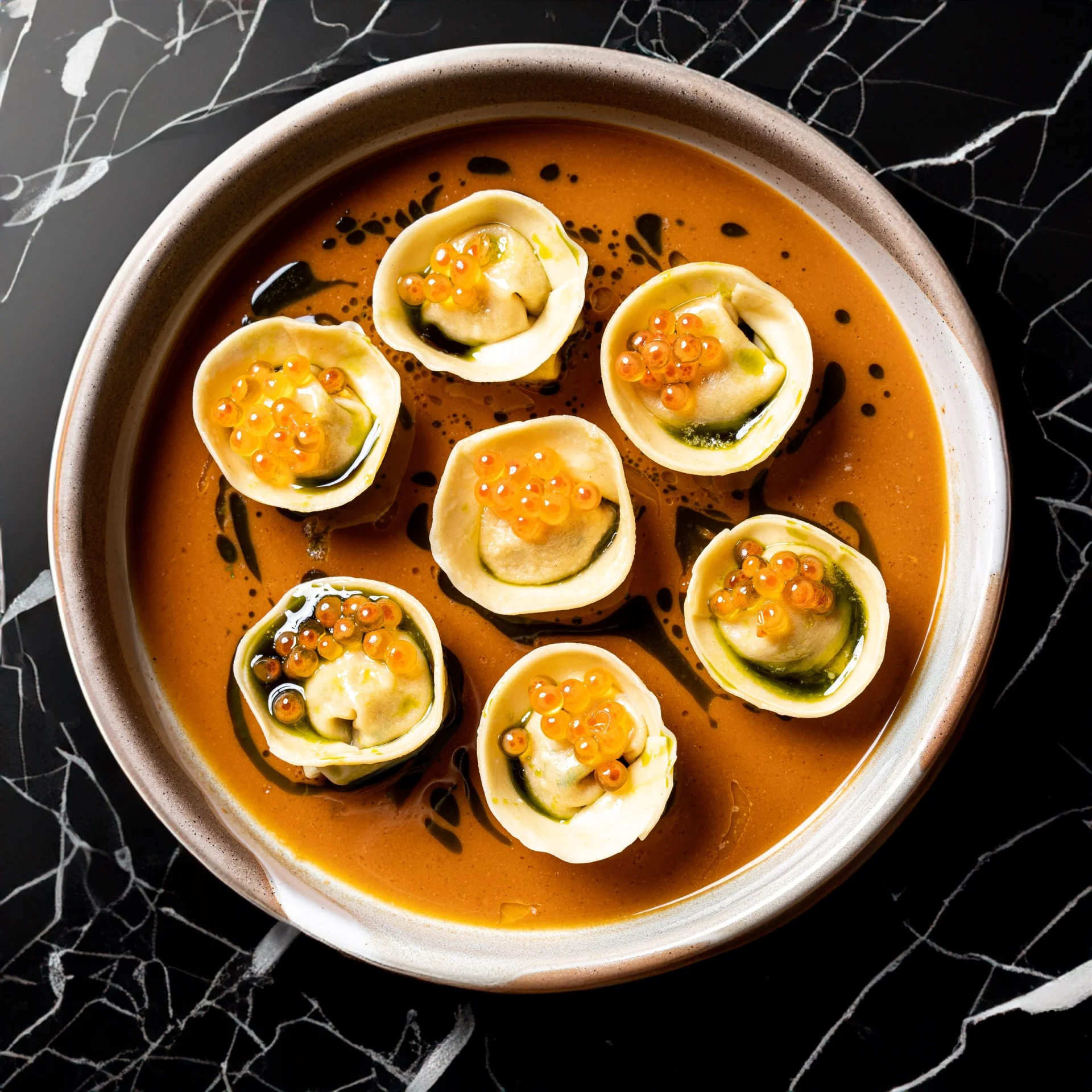 Raviolis, bouillon de crustacés